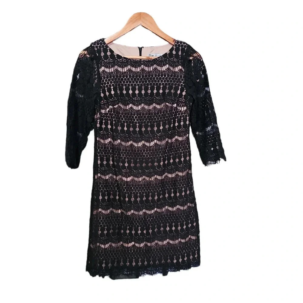 Eliza J Boat Neck Lace Shift Dress Black Beige Size 4 - Picture 3 of 7